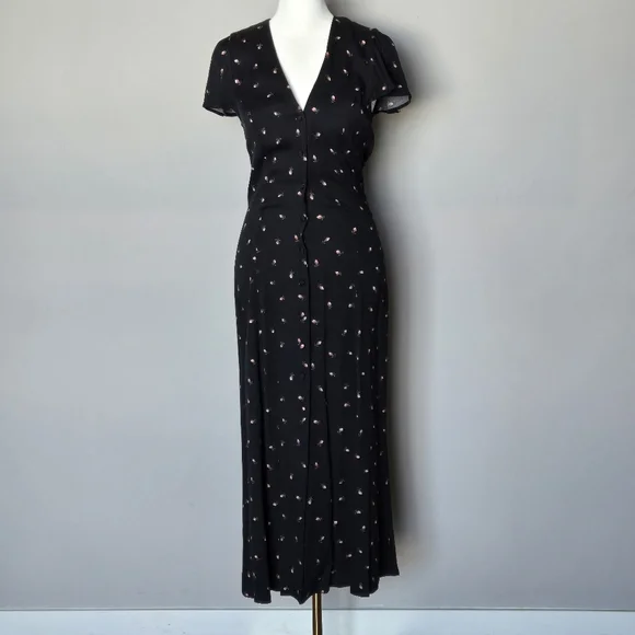 Reformation | Dresses | Reformation Black Whimsigoth Rose Bud Vneck Button  Down Cap Sleeve Maxi Dress 4 | Poshmark